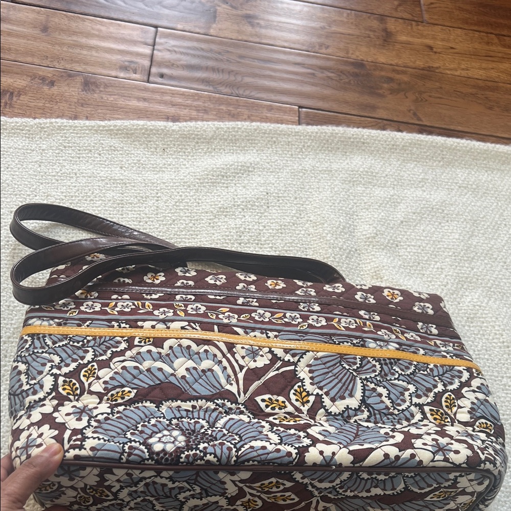 Vera Bradley Brown Floral Quilted Tote with Blue and Cream Accents